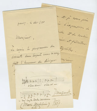 Massenet, Jules. (1842–1912) Autograph Letter Signed and Autograph Musical Quotation from "Marie Magdeleine"