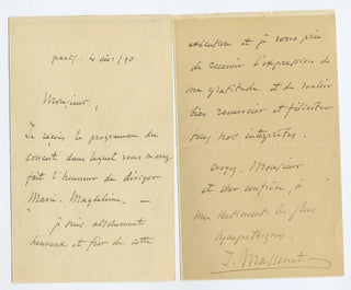 Massenet, Jules. (1842–1912) Autograph Letter Signed and Autograph Musical Quotation from "Marie Magdeleine"