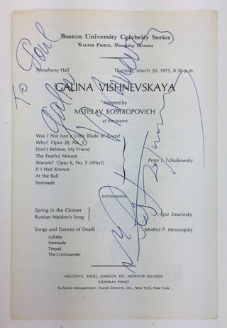 Rostropovich, Mstislav. (1927–2007) & Vishnevskaya, Galina. (1926–2012)  Signed Program