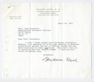 [Vietnam]  Spock, Benjamin. (1903–1998) "I am spending all of my time speaking in American universities against the war in Vietnam" - Typed Letter Signed