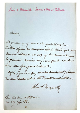 Tocqueville, Alexis de. (1805 - 1859) Autograph Letter Signed