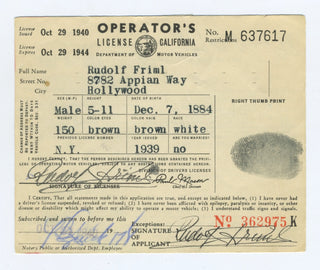 Friml, Rudolf. (1879 - 1972) Signed Driver's License