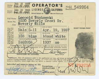 Stokowski, Leopold. (1882–1977) [Disney, Walt. (1901-1966)] Signed CA Driver's License from the Disney "Fantasia" period