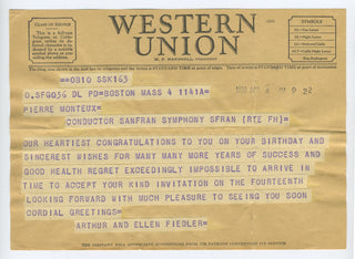 [Monteux, Pierre. (1875–1964)] Stravinsky, Igor. (1882–1971) & Serkin, Rudolf. (1903–1991) & Rudolf, Max. (1902–1995) & Fiedler, Arthur. (1894–1979) & Caen, Herb. (1916–1997) & Lipman, Samuel. (1934–1994) Collection of Birthday Telegrams