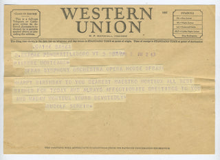 [Monteux, Pierre. (1875–1964)] Stravinsky, Igor. (1882–1971) & Serkin, Rudolf. (1903–1991) & Rudolf, Max. (1902–1995) & Fiedler, Arthur. (1894–1979) & Caen, Herb. (1916–1997) & Lipman, Samuel. (1934–1994) Collection of Birthday Telegrams