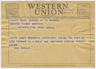 [Monteux, Pierre. (1875–1964)] Stravinsky, Igor. (1882–1971) & Serkin, Rudolf. (1903–1991) & Rudolf, Max. (1902–1995) & Fiedler, Arthur. (1894–1979) & Caen, Herb. (1916–1997) & Lipman, Samuel. (1934–1994) Collection of Birthday Telegrams