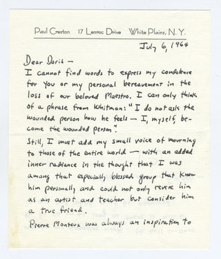 Creston, Paul. (1906–1985) [Monteux, Pierre. (1875–1964)] "Pierre Monteux was always an inspiration to me in my creative work.  He will continue to be so - as long as there is music in my soul which must be expressed." - Autograph Letter Signed