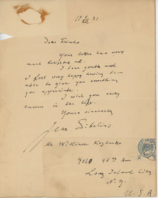 Sibelius, Jean. (1865-1957) "I love youth" - Autograph Letter Signed