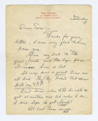 Astaire, Fred. (1899–1987) [Berk, Sammy. (1894–1983)] [Jones, Jonah. (1919–2004)] "My!  My!  Didn't that show kill 'em!!!!?!" - Two Signed Letters