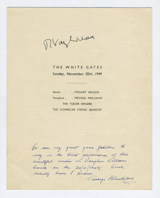 Vaughan Williams, Ralph. (1872–1958) "An Oxford Elegy" and "Fantasia Quasi Variazione" Premiere Performance - SIGNED PROGRAM