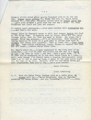 Armstrong, Louis. (1901–1971) "Lose Weight THE "SATCHMO" WAY – Signed Diet Plan and Photograph on the Toilet!