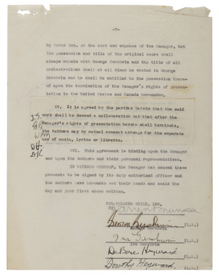 Gershwin, George. (1898–1937) & Gershwin, Ira. (1896–1983) & Heyward, DuBose. (1885–1940) Signed Contract for the Original 'Porgy and Bess' Production