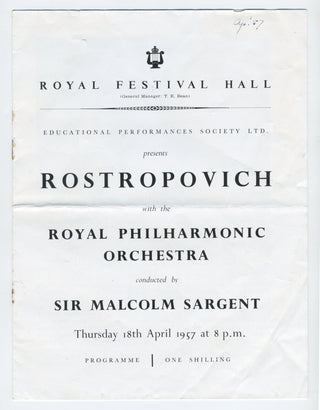 Rostropovich, Mstislav. (1927–2007) [Prokofiev, Sergei. (1891–1953)] 1957 Royal Festival Hall Concert Program