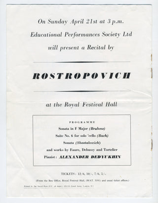 Rostropovich, Mstislav. (1927–2007) [Prokofiev, Sergei. (1891–1953)] 1957 Royal Festival Hall Concert Program