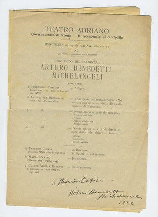 Benedetti Michelangeli, Arturo. (1920–1995) Early Signed Wartime Program