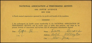 Barere, Simon. (1896 - 1951) Signed National Association of Performing Artists Membership Form