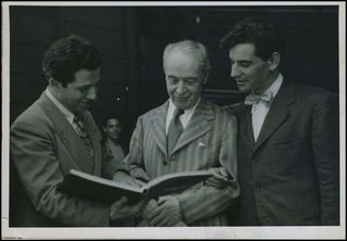 [Boston Symphony Orchestra] [Britten, Benjamin. (1913–1976)] Koussevitzky, Serge. (1874–1951) & Bernstein, Leonard. (1918–1990) Original Photograph before Peter Grimes U.S. Premiere at Tanglewood