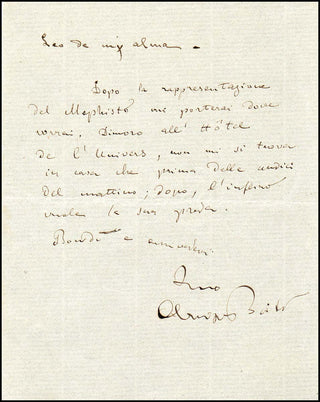 Boito, Arrigo. (1842-1918) Autograph Letter to Delibes mentioning "Mefistofele"