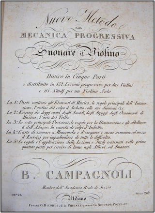 Campagnoli, Bartolomeo. (1751-1827) Nouvelle Methode de la Mecanique Progressive du Jeu de Violon. Divisée en 5 Parties et distribuée en 132 Lecons progressives pour deux Violons et 118 Etudes pour un Violon seul. Op. 21.