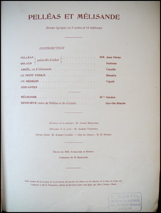 Debussy, Claude. (1862-1918) Pelléas et Mélisande. Drame lyrique en 5 actes et 12 tableaux de Maurice Maeterlinck [...]. Partition pour piano et chant.