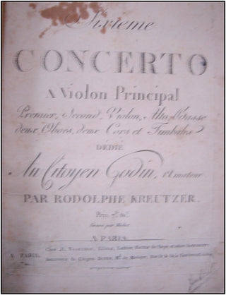 Kreutzer, Rodolphe. (1766-1831)  Six First Edition Violin Concerti, bound together with an Autograph Manuscript Cadenza