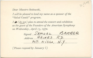 Barber, Samuel. (1910–1981) [Casals, Pablo. (1876–1973)]  Signed Form Letter lending his name to the "Salud Casals" Program