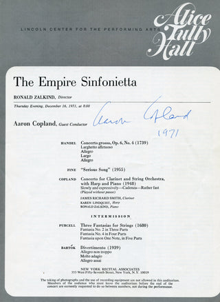 Copland, Aaron. (1900-1990) Signed Program