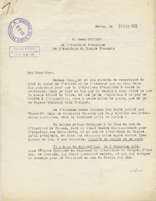 [ACADÉMIE DU DISQUE FRANÇAIS] Cocteau, Jean. (1889–1963) & Honegger, Arthur. (1892–1955)  & Milhaud, Darius. (1892–1974) & Auric, Georges. (1899–1983) etc. Important Large Archive