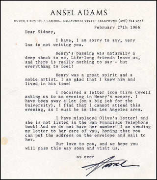 [Visual Arts] Adams, Ansel. (1902–1984) Signed Letter regarding Henry Cowell