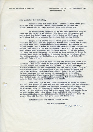 [Mahler, Gustav. (1860-1911)] Adorno, Theodor W. (1903-1969)  Typed Letter Signed about Mahler