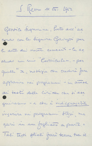 Alfano, Franco. (1875–1954) Collection of Letters Regarding an Invitation to Speak at the Associazione Culturale Italiana