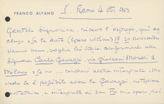 Alfano, Franco. (1875–1954) Collection of Letters Regarding an Invitation to Speak at the Associazione Culturale Italiana