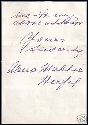 Mahler-Werfel, Alma. (1879 - 1964) Autograph Letter