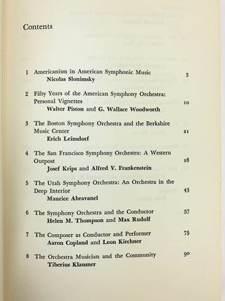 [American Composers] Piston, Walter. (1894–1976) & Kirchner, Leon. (1919–2009) & Schuller, Gunther. (1925–2015) & Foss, Lukas. (1922–2009) & Leinsdorf, Erich. (1912–1993) & Schuman, William. (1910–1992),  The American Symphony Orchestra - SIGNED