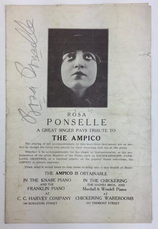 [Ampico] Ponselle, Rosa. (1897–1981) Signed Program, Performing with Player Piano