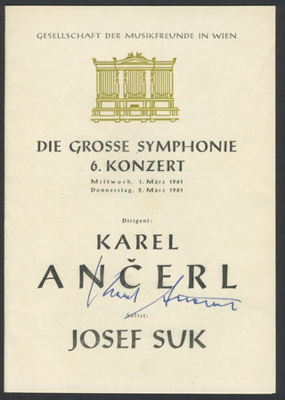 Suk, Josef. (1874–1935) & Ancerl, Karel. (1908–1973)  Signed Program