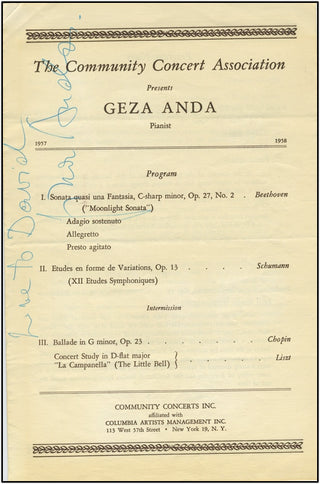 Anda, Geza. (1921-1976) Signed 1957 Recital Program