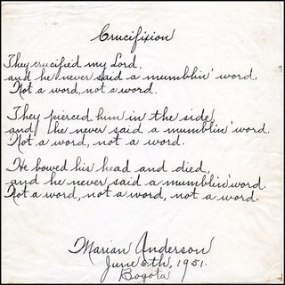 Anderson, Marian. (1897–1993) Manuscript Signed Spiritual, "Crucifixion."