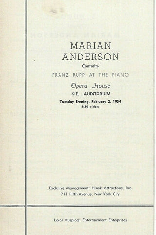 Anderson, Marian. (1897–1993)  Rupp, Franz. (1901–1992) Program and Signed Autograph Booklet