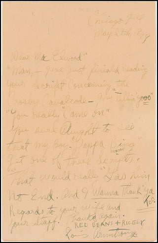 Armstrong, Louis. (1901–1971) Autograph Letter mentioning Bing Crosby, signed "Red Bean + Ricely"