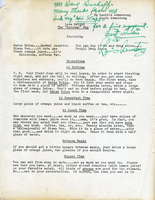 Armstrong, Louis. (1901–1971) Signed Diet Plan!