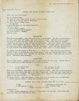 [Armstrong, Louis. (1901–1971) & Armstrong, Lucille. (1914–1983)] Creole Red Beans and Rice - Printed Recipe Sheet with Autograph Notes