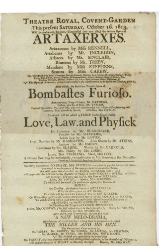 [Arne, Thomas Augustine. (1710-1778)] "This present Saturday...will be performed...the Serious Opera of 'Artaxerxes'" - Original 1813 Broadside