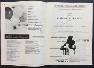 Ashkenazy, Vladimir. (b. 1937) Signed Program from his Carnegie Hall Debut