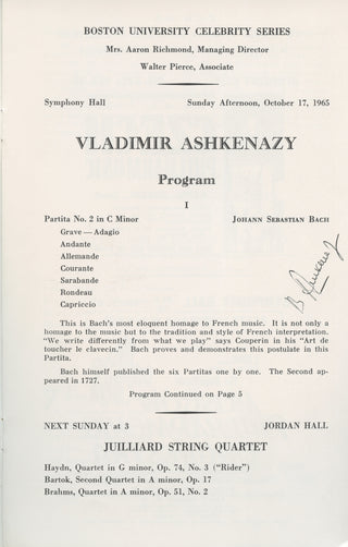 Ashkenazy, Vladimir. (b. 1937) Signed Recital Program