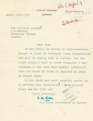 Auden, W.H. ( (1907–1973) Typed Letter Signed - THE POET WANTS CLAMS!