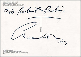 [Visual Arts] Avedon, Richard. (1923 - 2004) "Dovima with Elephants" - Signed Postcard