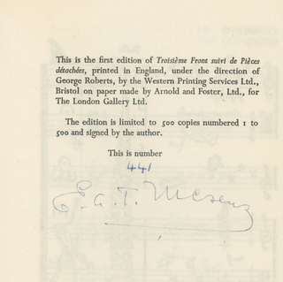 [Bach, Johann Sebastian. (1685–1750)] Mesens, E. L. T. (1903–1971) "Troisième front: poèmes de guerre, suivi de Pièces détachées" ["Third Front & Detached Pieces"] - SIGNED