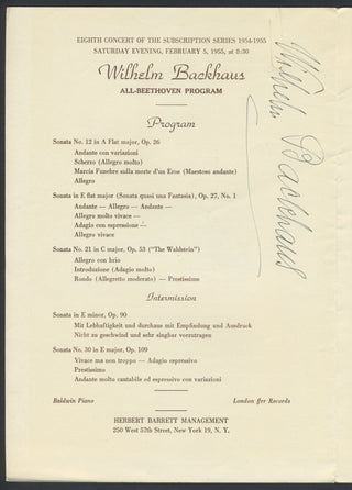 Backhaus, Willhelm. (1884–1969) Signed Program