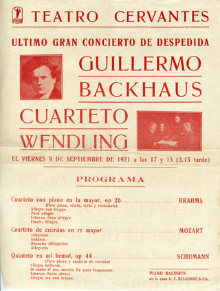 [Backhaus, Willhelm. (1884-1969)] [Wendling, Karl. (1875-1962)] Original 1921 Argentinian Programs and Broadside